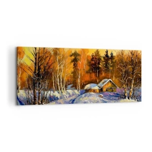 Impression sur toile - Image sur toile - Paysage d'hiver avec une maison à la lumière du soleil couchant - 120x50cm - Impression d'hiver au soleil - Décoration murale moderne pour le salon et la chambre ARTTOR