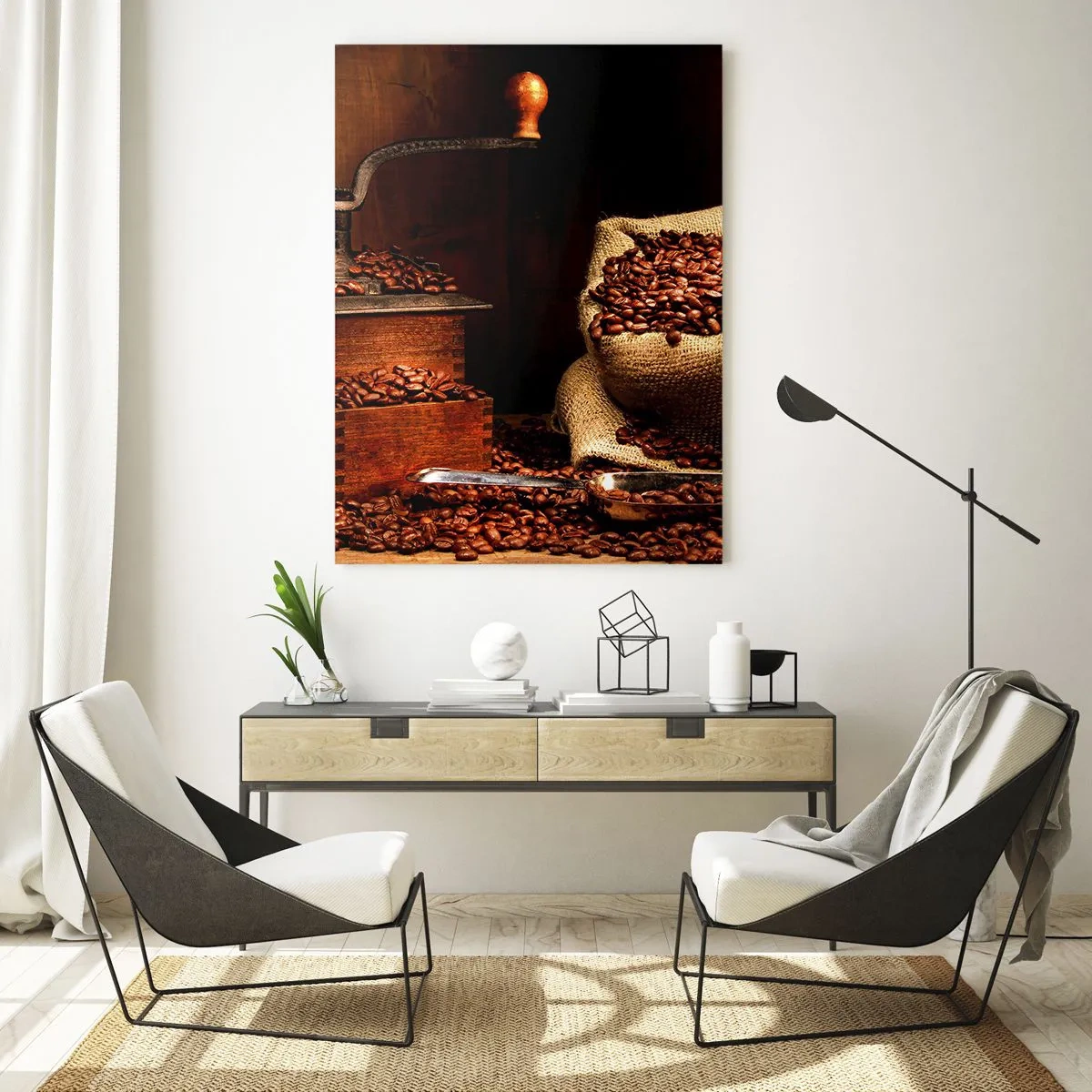 Impression sur verre - Image sur verre - Un vieux moulin à café avec des grains et un sac de café - 50x70cm - Nature morte avec grains de café et moulin - Décoration murale moderne pour le salon et la chambre ARTTOR