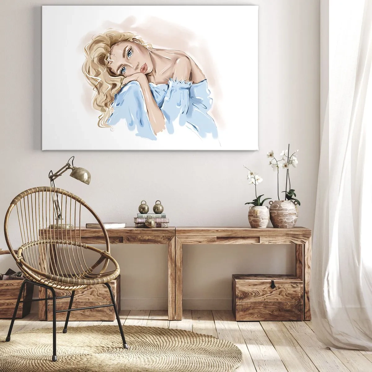 Impression sur toile - Image sur toile - Portrait d'une femme en robe bleue aux cheveux blonds - 120x80cm - Rêveuse en bleu - Décoration murale moderne pour le salon et la chambre ARTTOR