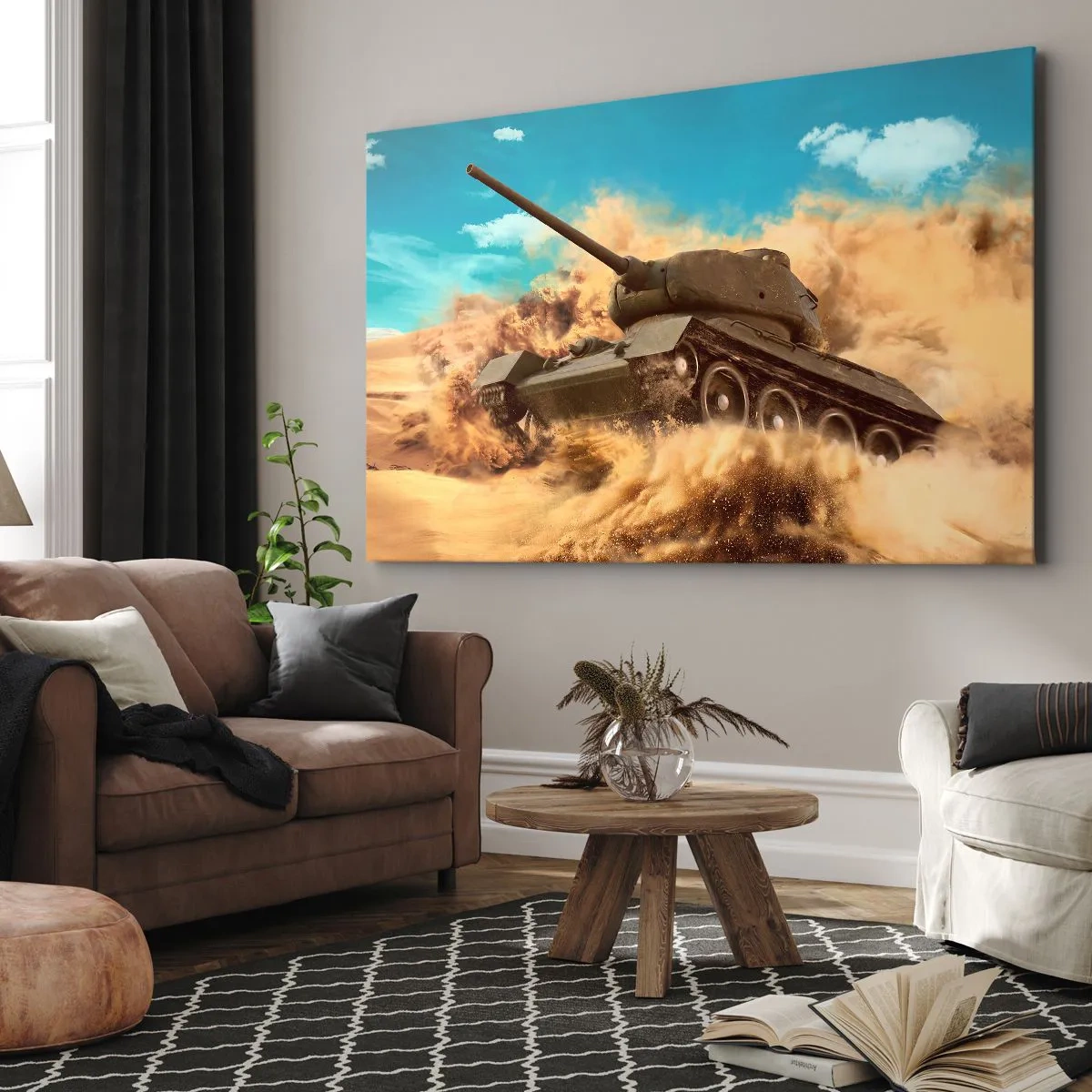 Impression sur toile - Image sur toile - Un char en action dans le désert, entouré de poussière de sable. - 70x50cm - Insurmontable - Décoration murale moderne pour le salon et la chambre ARTTOR