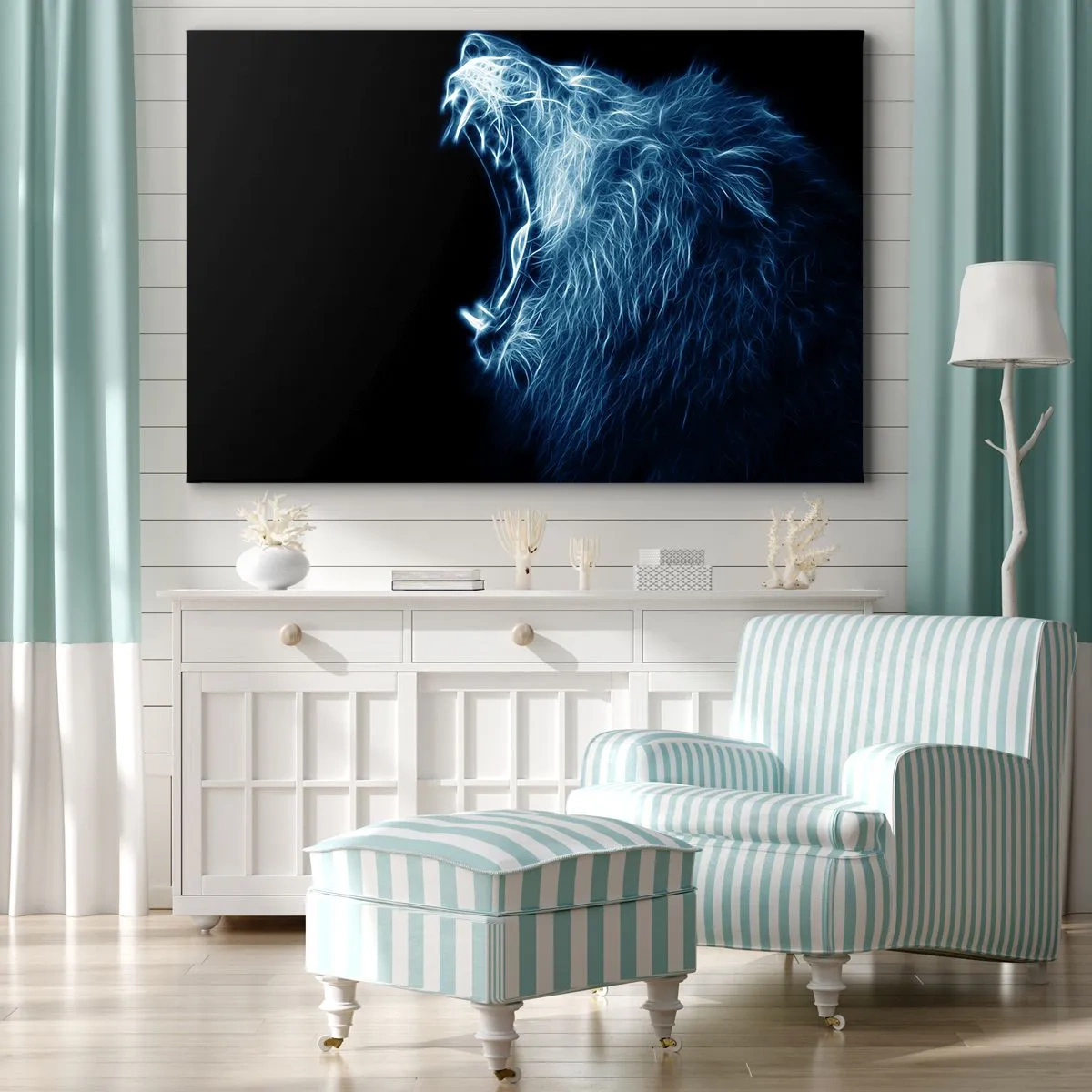 Impression sur toile - Image sur toile - Un visage saisissant de lion dans un style néon - 100x70cm - La colère ardente du roi - Décoration murale moderne pour le salon et la chambre ARTTOR
