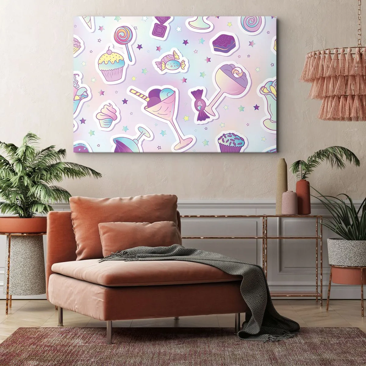 Impression sur toile - Image sur toile - Motifs pastel avec bonbons et desserts - 100x70cm - Pour que tous les jours soit un anniversaire - Décoration murale moderne pour le salon et la chambre ARTTOR