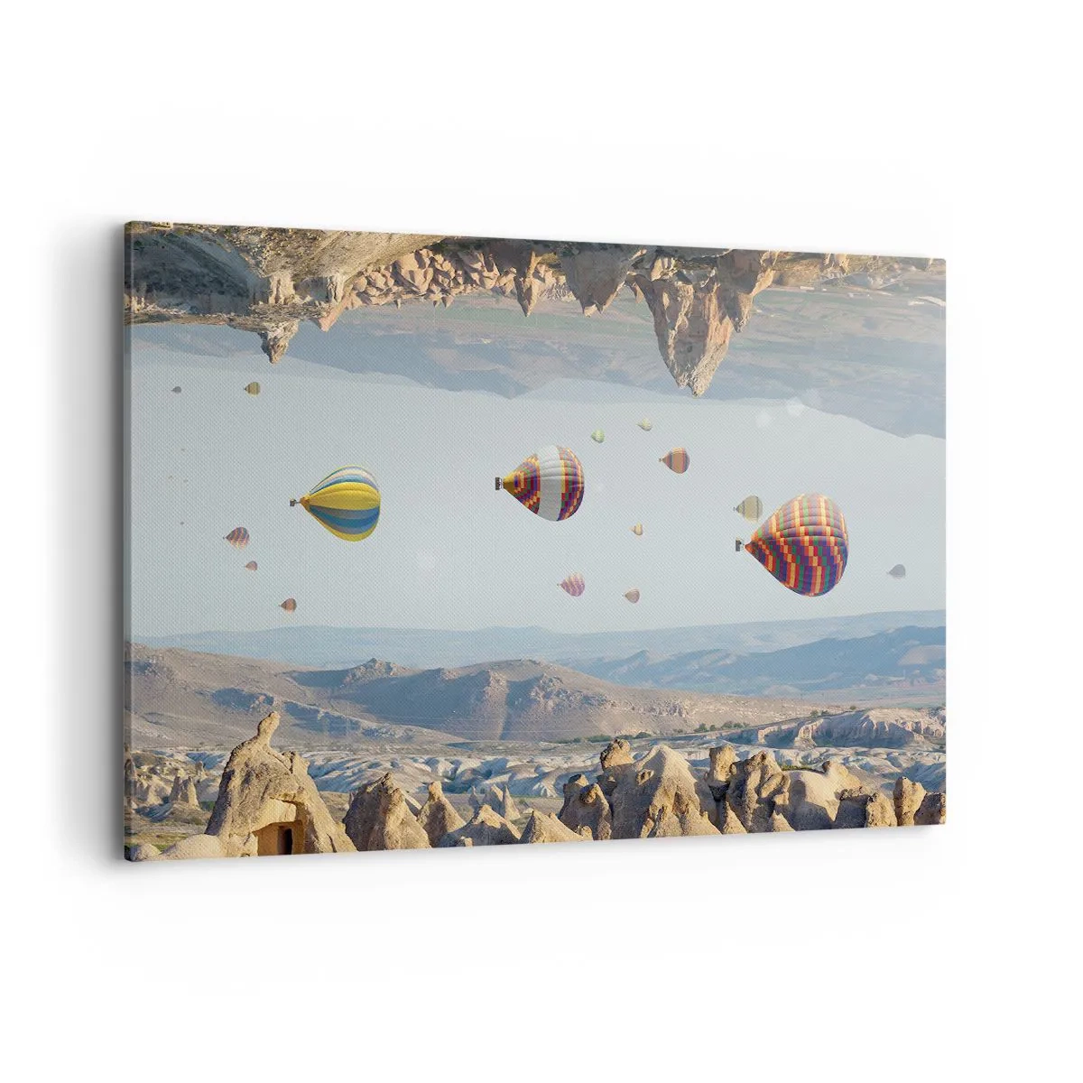 Impression sur toile - Image sur toile - Ballons colorés au-dessus d'un paysage rocheux - 100x70cm - Ici, tout est possible - Décoration murale moderne pour le salon et la chambre ARTTOR