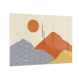 Impression sur verre - Image sur verre - Graphiques avec des motifs de montagnes et de soleil japonais - 70x50cm - Dans l'esprit japonais - Décoration murale moderne pour le salon et la chambre ARTTOR