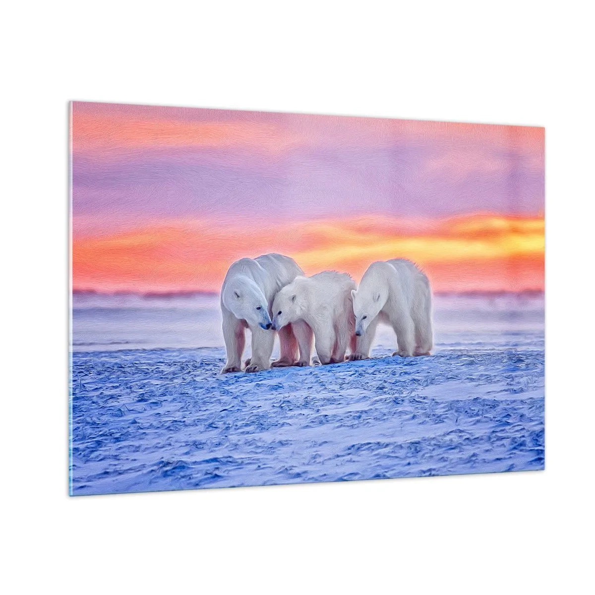 Impression sur verre - Image sur verre - Trois ours polaires sur un fond enneigé au coucher du soleil - 100x70cm - La chaleur familiale suffit - Décoration murale moderne pour le salon et la chambre ARTTOR