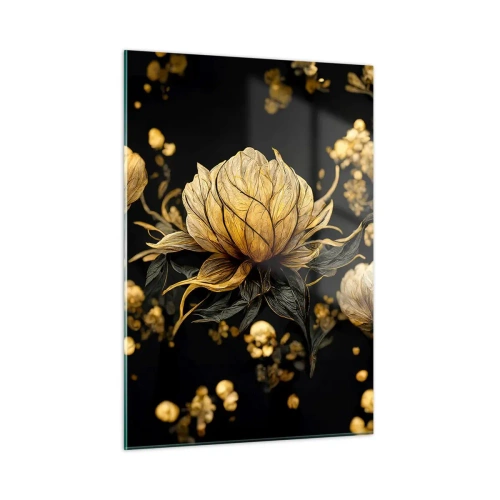 Impression sur verre - Image sur verre - Fleurs dorées sur fond noir dans une composition élégante - 50x70cm - Fragilité subtile - Décoration murale moderne pour le salon et la chambre ARTTOR