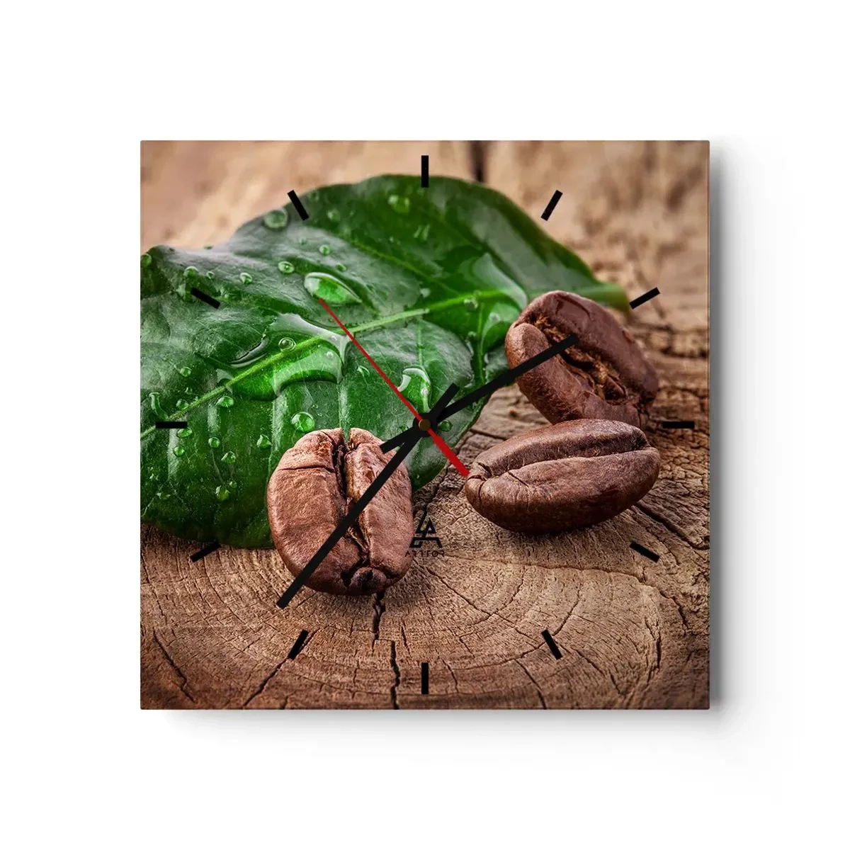 Horloge murale - Pendule murale - Grains de café et feuille verte sur fond de bois - 30x30cm - La plus vraie et noire - Décoration murale moderne pour le salon et la chambre ARTTOR