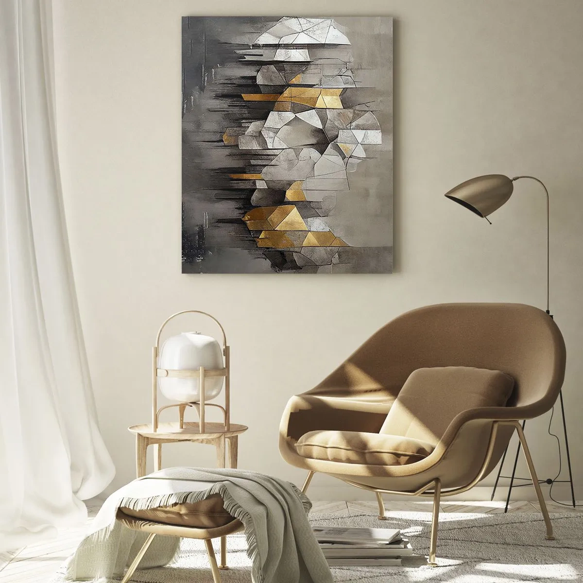 Impression sur verre - Image sur verre - Formes abstraites dans des tons de gris, blanc et or - 50x70cm - Composition de glace et de lumière - Décoration murale moderne pour le salon et la chambre ARTTOR