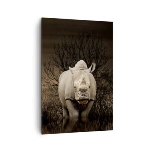 Impression sur toile - Image sur toile - Rhinocéros parmi les arbres au coucher du soleil, nature sauvage. - 70x100cm - Blanc contre nature - Décoration murale moderne pour le salon et la chambre ARTTOR