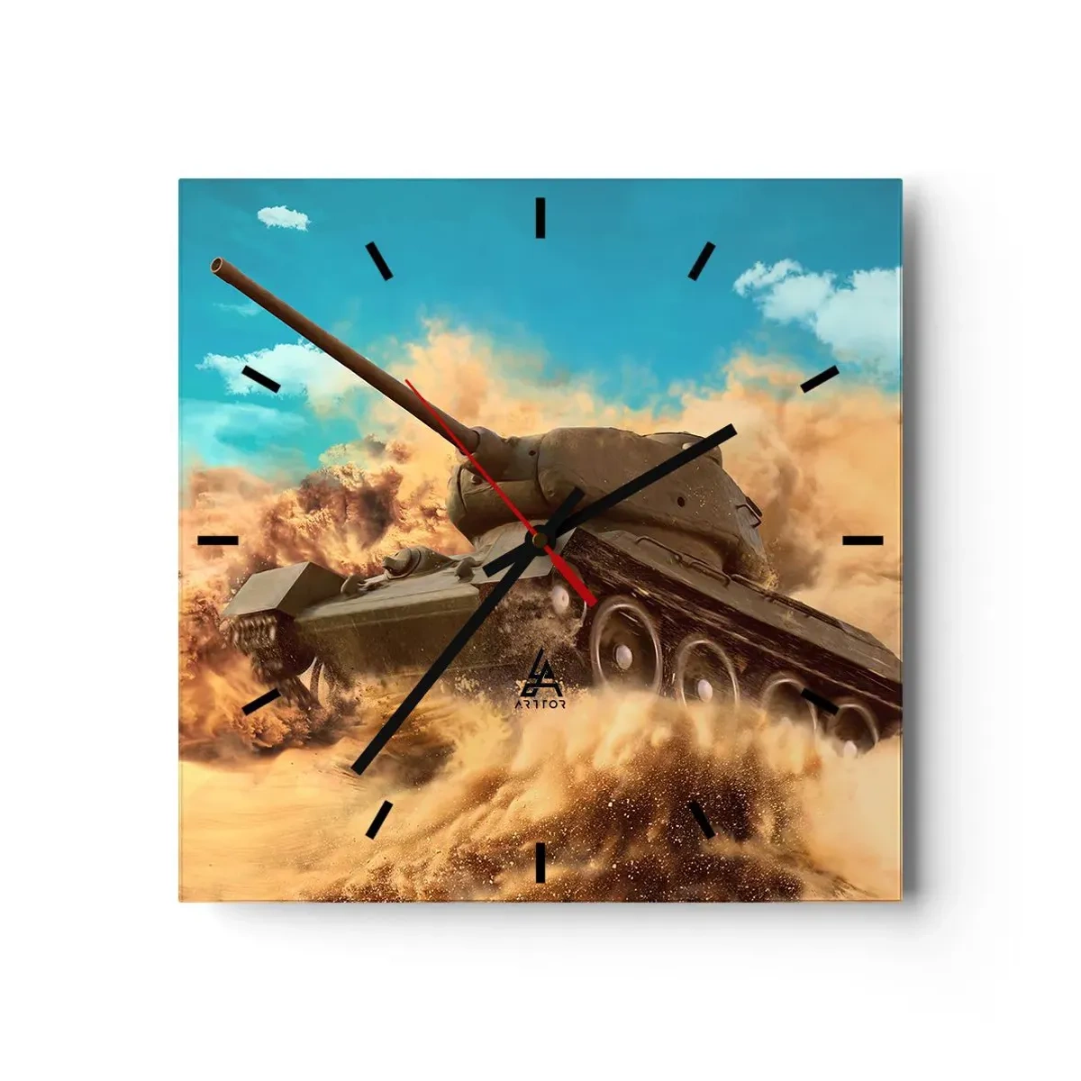 Horloge murale - Pendule murale - Un char en action dans le désert, entouré de poussière de sable. - 30x30cm - Insurmontable - Décoration murale moderne pour le salon et la chambre ARTTOR
