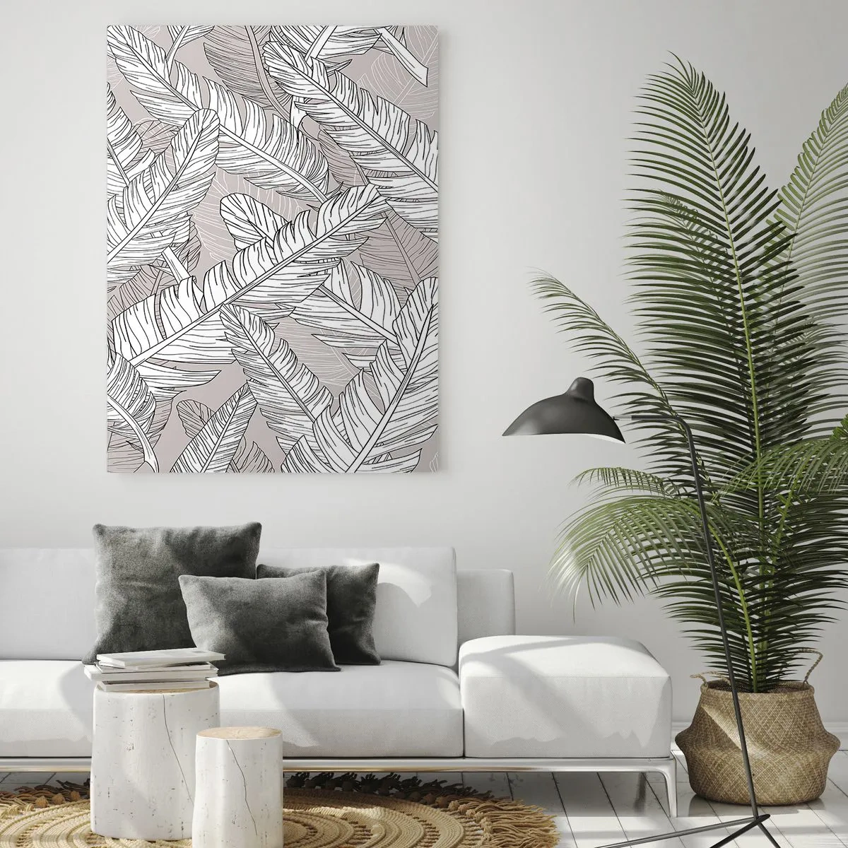 Impression sur verre - Image sur verre - Motif noir et blanc avec des feuilles de bananier sur un fond clair - 70x100cm - Un tourbillon de plumes - Décoration murale moderne pour le salon et la chambre ARTTOR