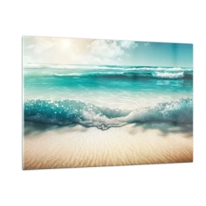 Impression sur verre - Image sur verre - Vagues turquoise de l'océan venant lécher une plage de sable - 120x80cm - La paix de l'océan - Décoration murale moderne pour le salon et la chambre ARTTOR