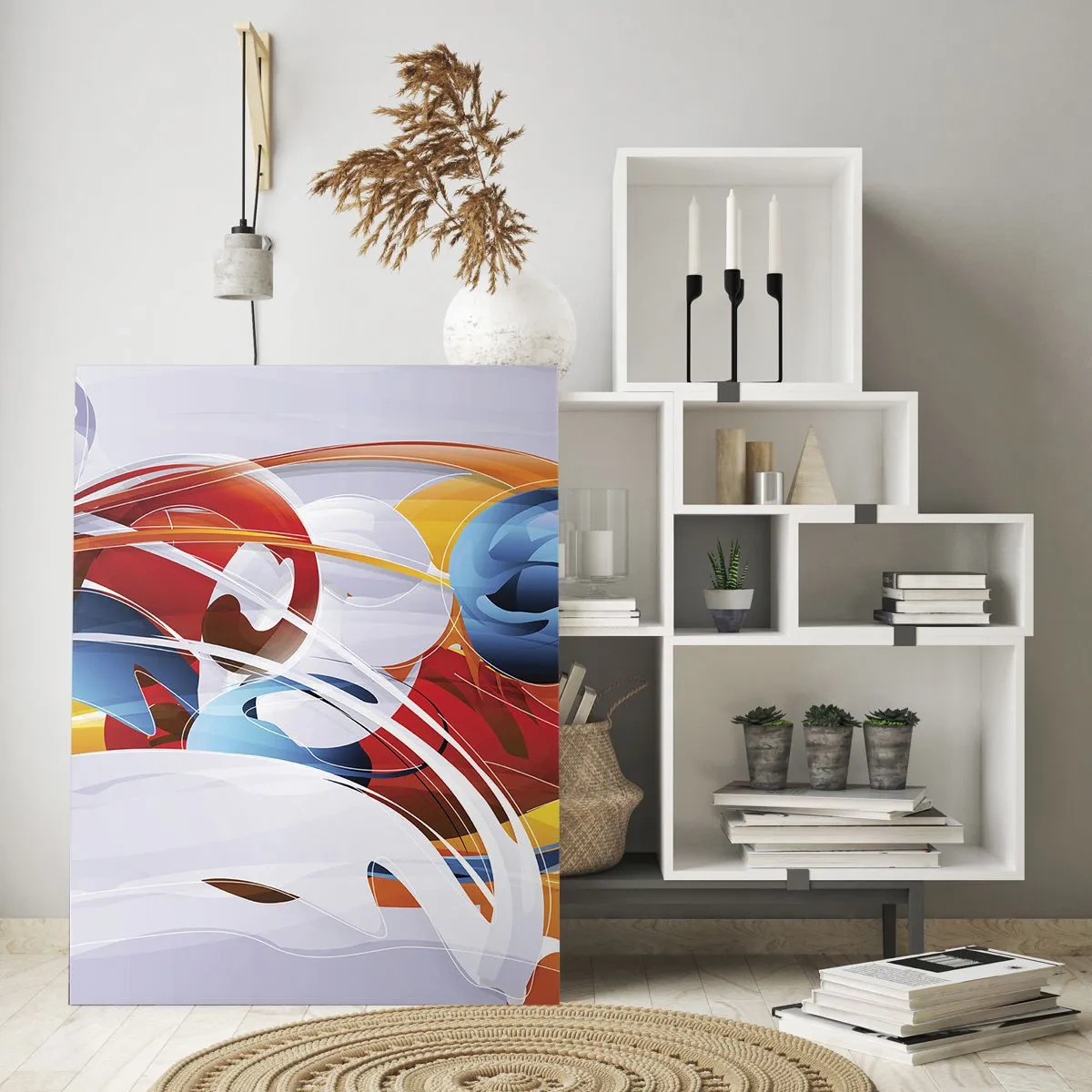 Impression sur verre - Image sur verre - Une composition abstraite de formes et de lignes colorées. - 50x70cm - La danse des éléments - Décoration murale moderne pour le salon et la chambre ARTTOR