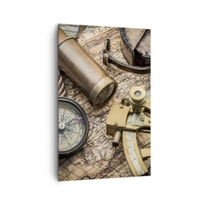 Impression sur toile - Image sur toile - Une boussole, un sextant et un télescope sur fond de vieille carte et de corde nautique. - 80x120cm - Fixer un cap - Décoration murale moderne pour le salon et la chambre ARTTOR
