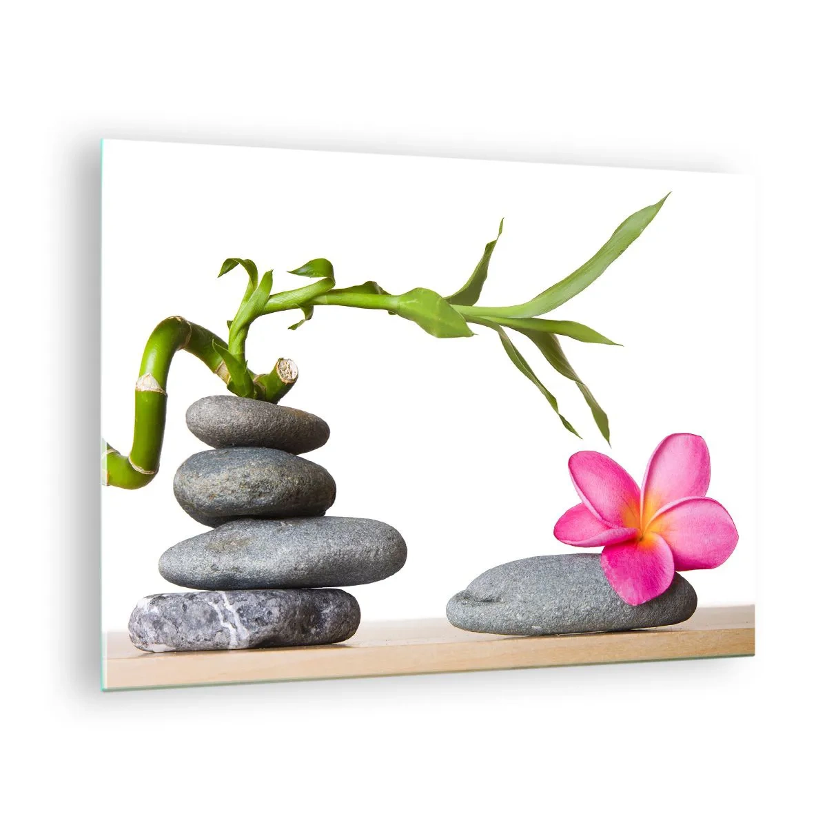 Impression sur verre - Image sur verre - Bambou, fleur rose et pierres sur fond blanc - 70x50cm - Couleurs de la vie et de la durée - Décoration murale moderne pour le salon et la chambre ARTTOR