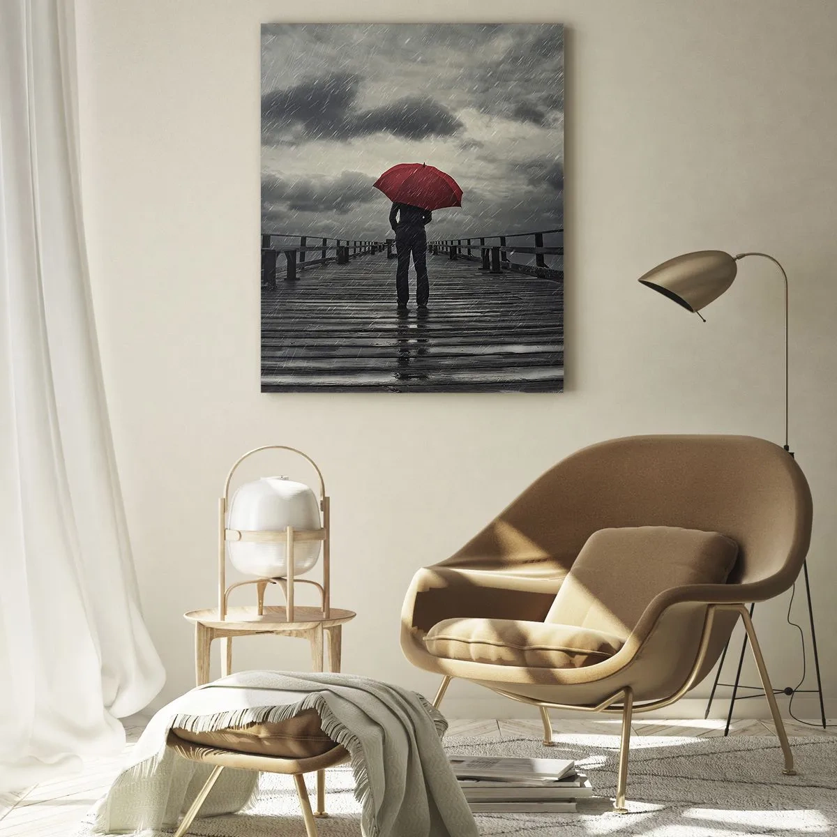 Impression sur verre - Image sur verre - Une personne avec un parapluie rouge sur une jetée pluvieuse - 70x100cm - Peu importe qu'il pleuve - Décoration murale moderne pour le salon et la chambre ARTTOR