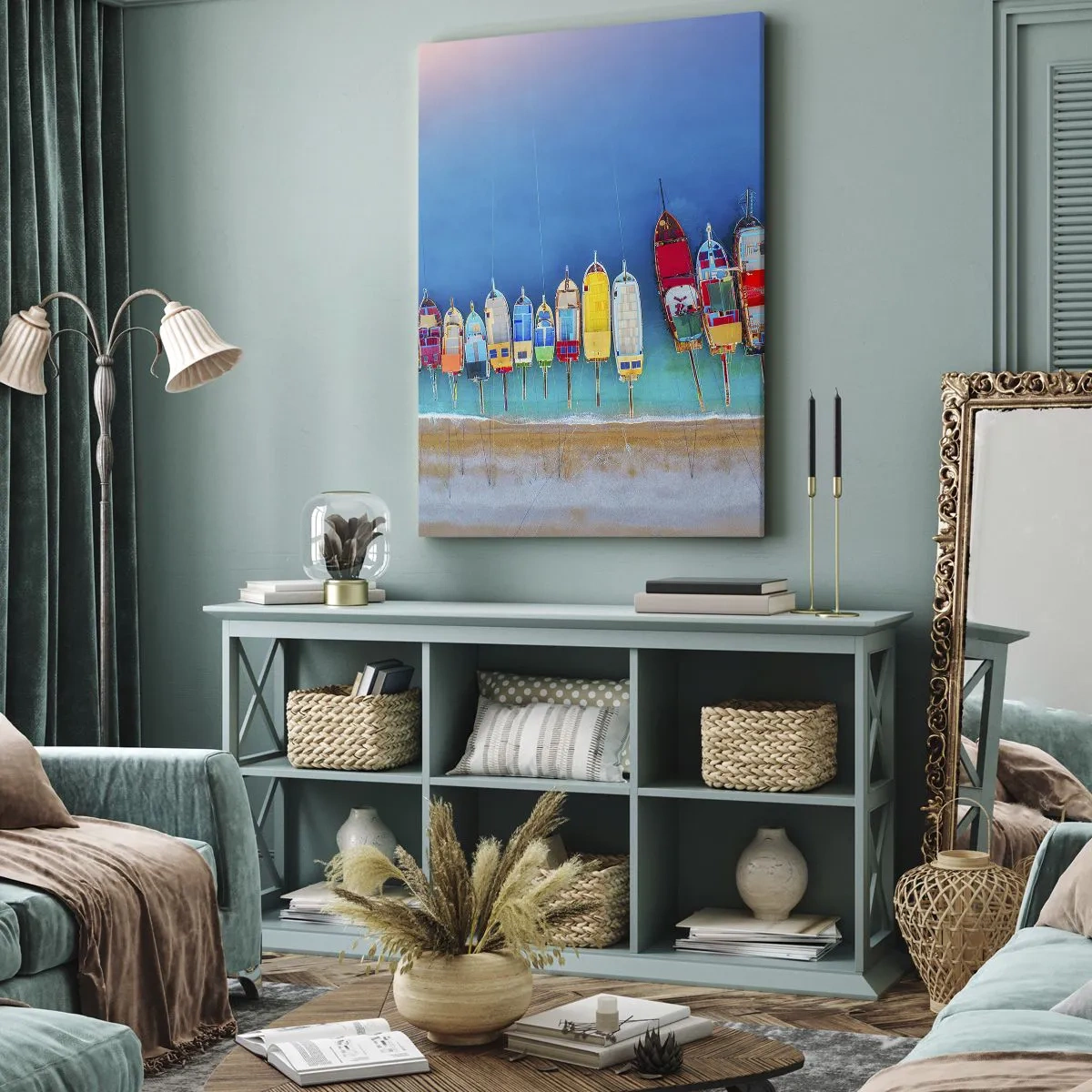 Impression sur toile - Image sur toile - Des bateaux colorés alignés en rangée sur le rivage - 70x100cm - Une vue à vol d'oiseau - Décoration murale moderne pour le salon et la chambre ARTTOR