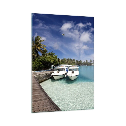 Impression sur verre - Image sur verre - Jetée exotique, bateaux et eau turquoise - 50x70cm - Et cependant, le paradis existe bien - Décoration murale moderne pour le salon et la chambre ARTTOR