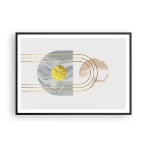Affiche dans un cadre noir - Poster - Composition abstraite avec des cercles et des lignes dorées sur fond clair. - 100x70cm - Clareté et brillance - Décoration murale moderne pour le salon et la chambre ARTTOR