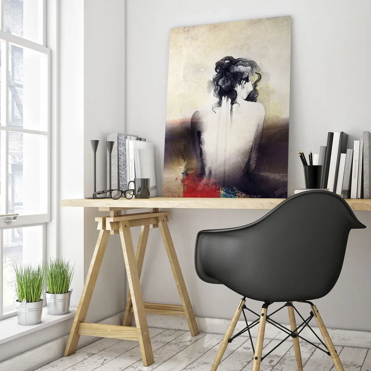 Impression sur verre - Image sur verre - Un portrait subtil d'une femme sur un fond de paysage pastel. - 50x70cm - Lignes lisses, formes ovales - Décoration murale moderne pour le salon et la chambre ARTTOR