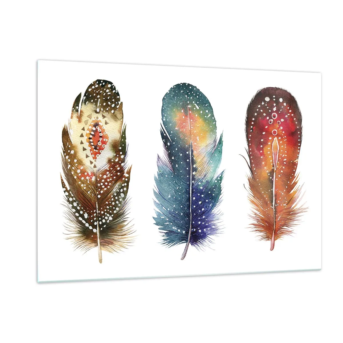 Impression sur verre - Image sur verre - Trois plumes colorées aux motifs ethniques - 120x80cm - Rituels, cérémonies, secrets - Décoration murale moderne pour le salon et la chambre ARTTOR