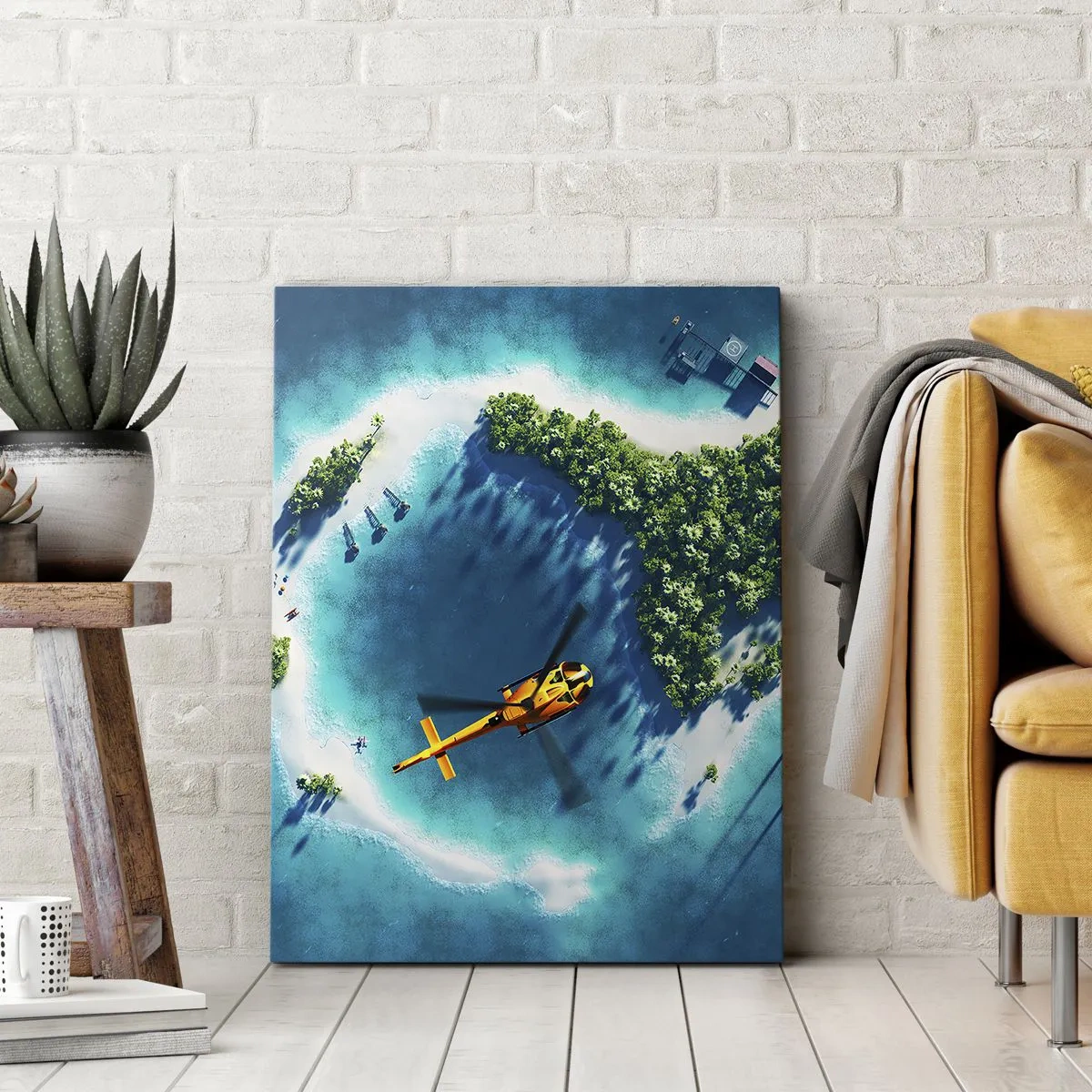 Impression sur toile - Image sur toile - Une île tropicale entourée d'eau turquoise avec un hélicoptère en vue - 50x70cm - Achetez-vous une île - Décoration murale moderne pour le salon et la chambre ARTTOR