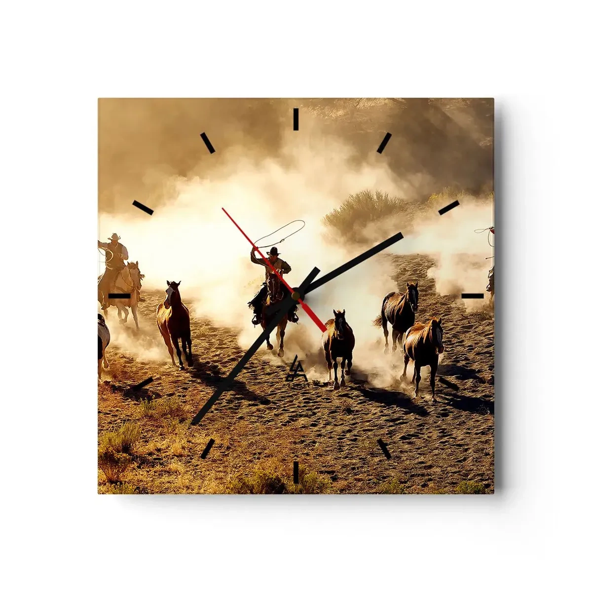 Horloge murale - Pendule murale - Cowboys à cheval en action sur un terrain désertique - 30x30cm - L'ouest vraiment sauvage - Décoration murale moderne pour le salon et la chambre ARTTOR