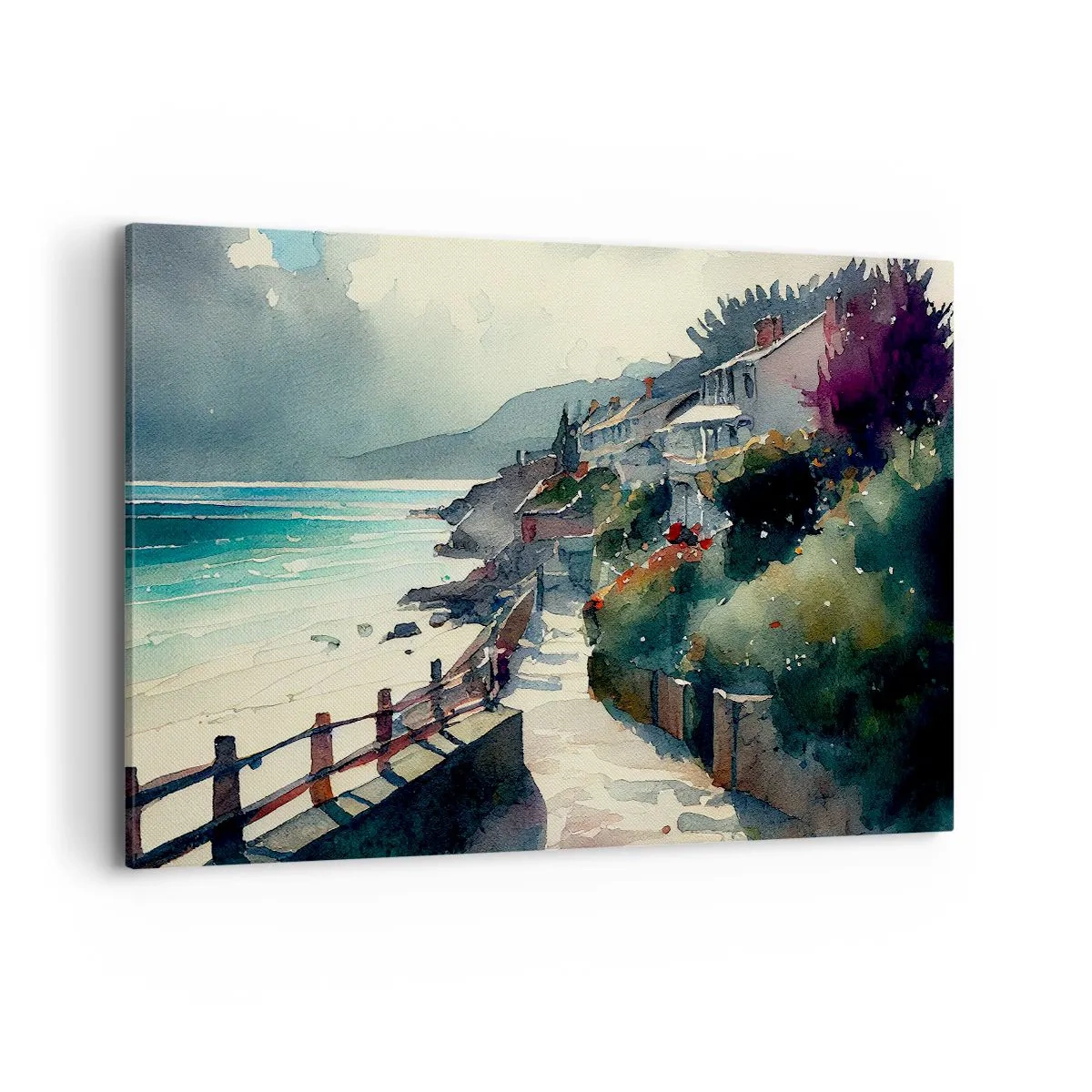 Impression sur toile - Image sur toile - Promenade en bord de mer avec maisons et végétation - 120x80cm - Ville méditerranéenne - Décoration murale moderne pour le salon et la chambre ARTTOR