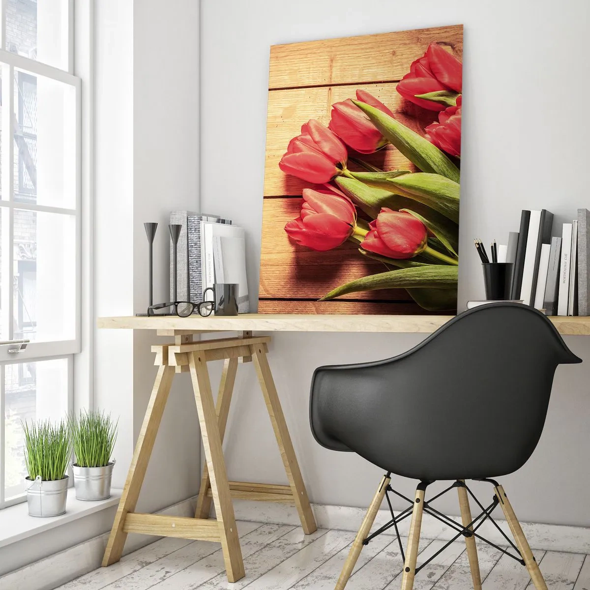 Impression sur verre - Image sur verre - Un bouquet de tulipes roses sur un fond en bois - 80x120cm - Défi du printemps - Décoration murale moderne pour le salon et la chambre ARTTOR