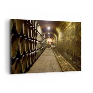 Impression sur toile - Image sur toile - Une cave avec des tonneaux de vin en bois disposés en rangées - 120x80cm - Qu'il est bon de s'allonger - Décoration murale moderne pour le salon et la chambre ARTTOR