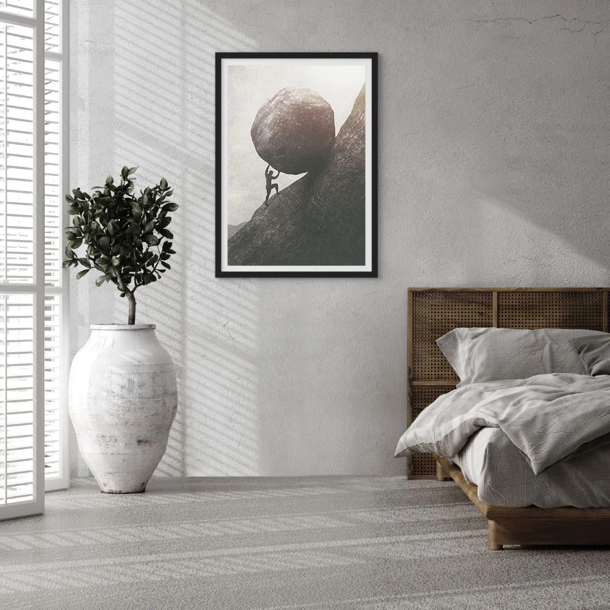 Affiche dans un cadre noir - Poster - Une figure symbolique portant un rocher sur une colline - 50x70cm - Je crois contre tout espoir - Décoration murale moderne pour le salon et la chambre ARTTOR