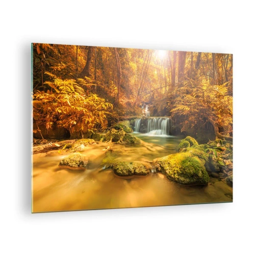 Impression sur verre - Image sur verre - Cascade forestière en or - 70x50cm - Cascade de forêt en or - Décoration murale moderne pour le salon et la chambre ARTTOR