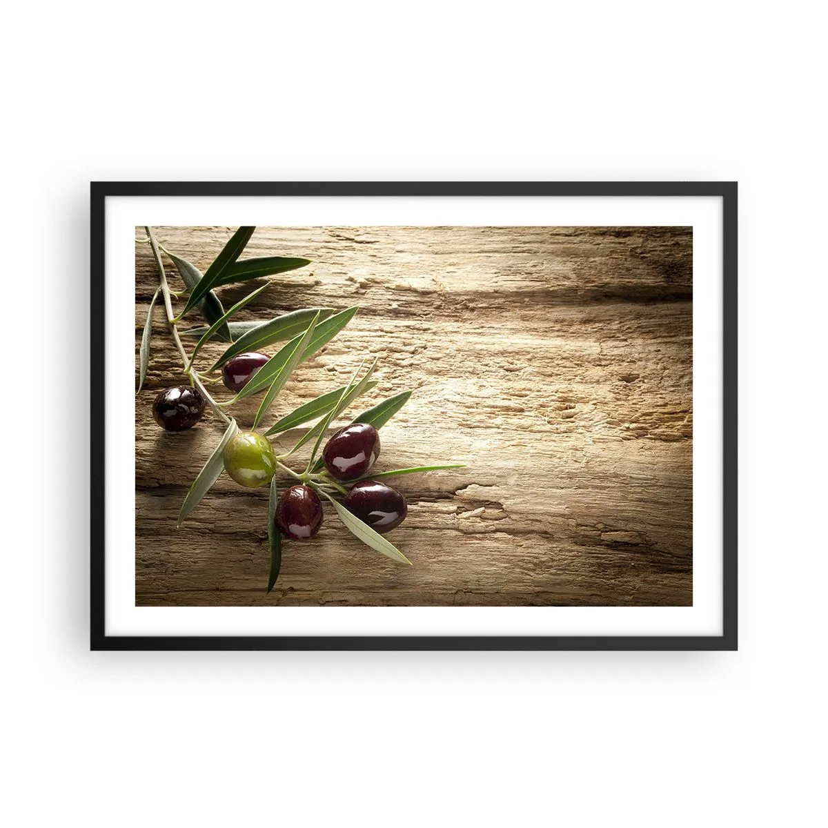 Affiche dans un cadre noir - Poster - Branche d'olivier avec des fruits sur un fond de bois vieilli - 70x50cm - Directement de la nature - Décoration murale moderne pour le salon et la chambre ARTTOR