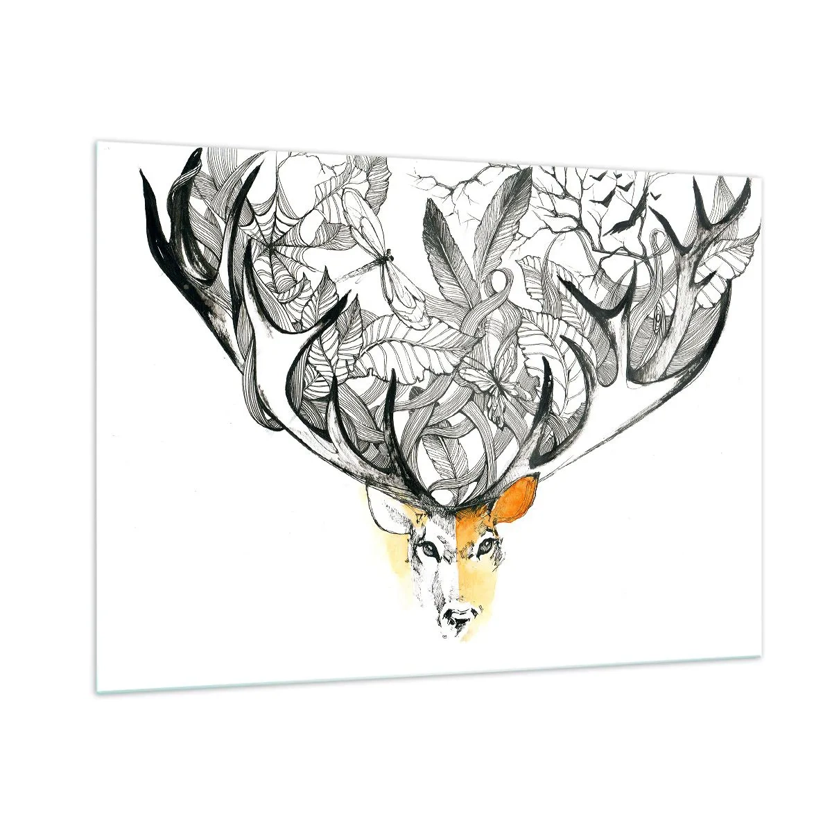 Impression sur verre - Image sur verre - Dessin d'un cerf avec des bois fantaisie - 100x70cm - Corne d'abondance - Décoration murale moderne pour le salon et la chambre ARTTOR