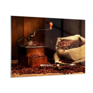 Impression sur verre - Image sur verre - Un vieux moulin à café avec des grains et un sac de café - 100x70cm - Nature morte avec grains de café et moulin - Décoration murale moderne pour le salon et la chambre ARTTOR