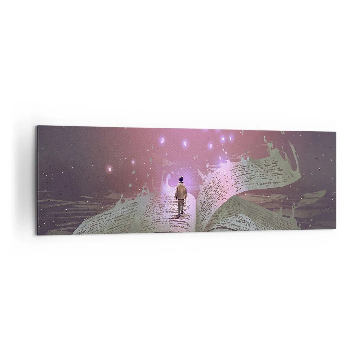 Impression sur toile - Image sur toile - Une silhouette marche sur un livre ouvert dans une lumière magique. - 160x50cm - Invitation à un autre monde - lisez ! - Décoration murale moderne pour le salon et la chambre ARTTOR