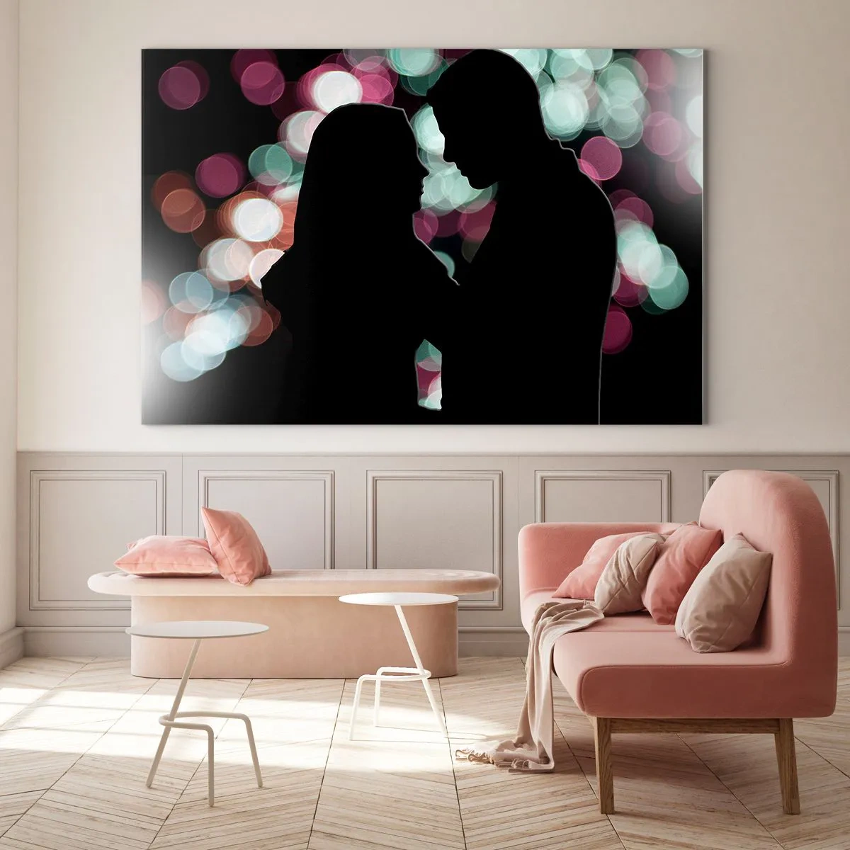 Impression sur verre - Image sur verre - Silhouettes d'un couple sur fond de lumières bokeh colorées - 120x80cm - Oui! - Décoration murale moderne pour le salon et la chambre ARTTOR