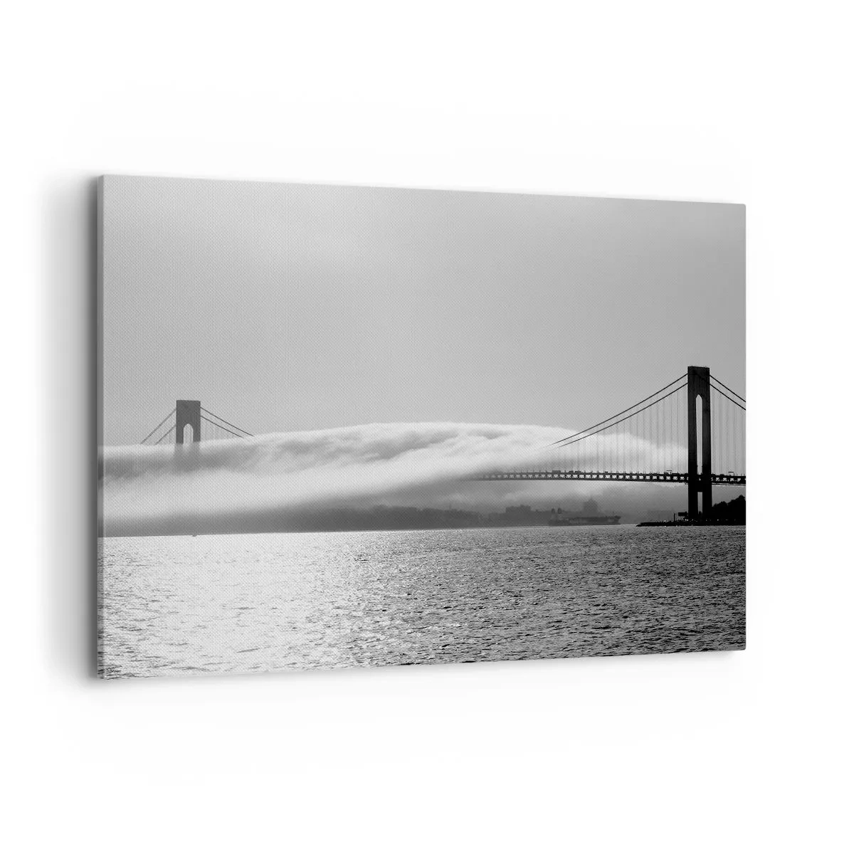 Impression sur toile - Image sur toile - Un pont sur l'eau enveloppé de brouillard dans une photo en noir et blanc - 120x80cm - Naviguez à travers les Portes des Étoiles - Décoration murale moderne pour le salon et la chambre ARTTOR