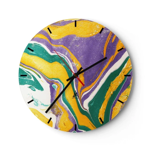 Horloge murale - Pendule murale - Motifs abstraits dans les tons de violet, jaune et vert - 30x30cm - Ondes de couleur - Décoration murale moderne pour le salon, la cuisine et la chambre ARTTOR
