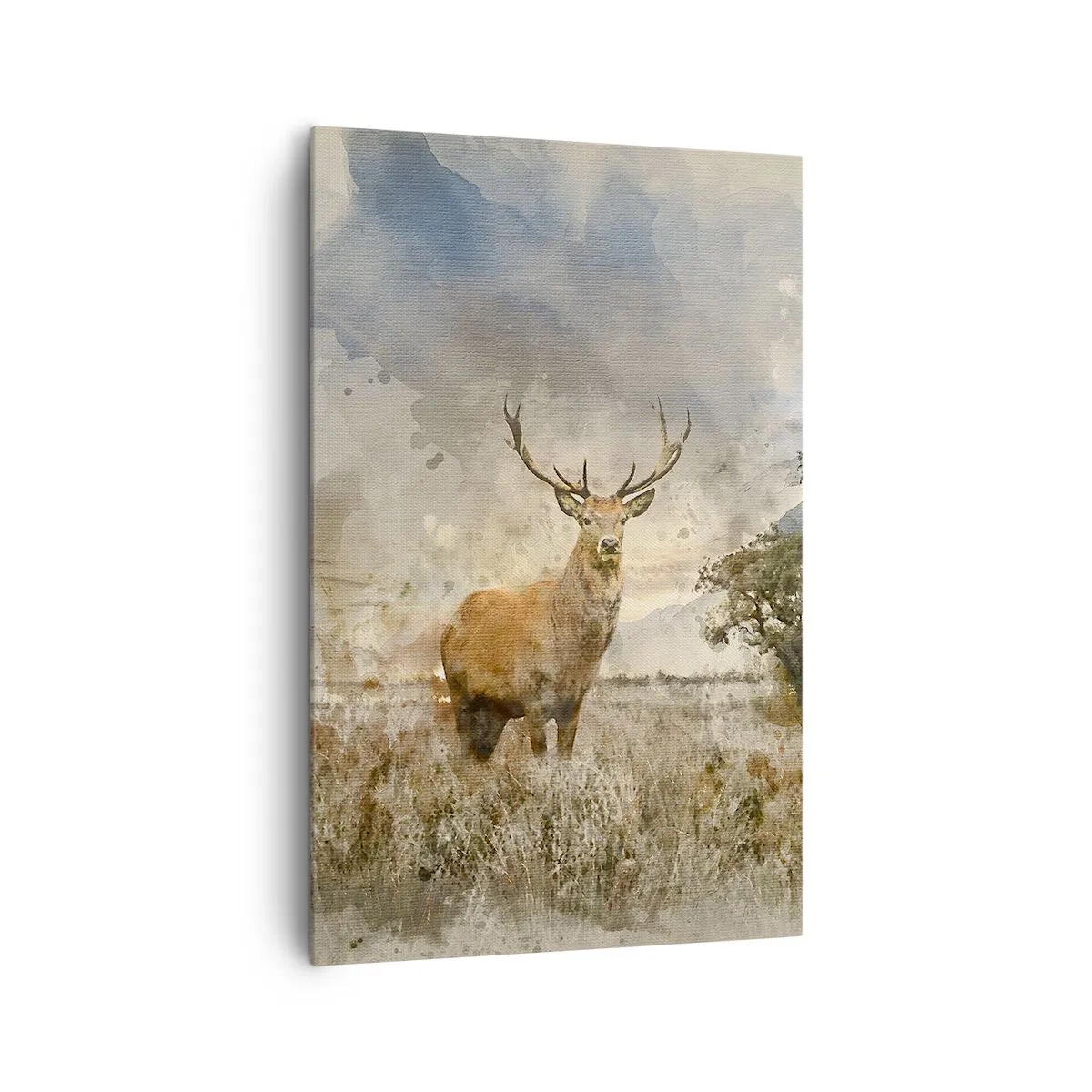 Impression sur toile - Image sur toile - Un cerf dans un cadre naturel dans un style aquarelle - 80x120cm - Dignité - force - majesté - Décoration murale moderne pour le salon et la chambre ARTTOR