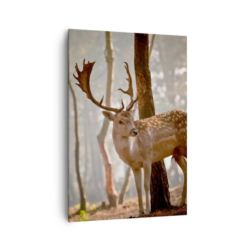 Impression sur toile - Image sur toile - Cerf dans la forêt dans le brouillard du matin - 70x100cm - La lumière de la jeunesse - Décoration murale moderne pour le salon et la chambre ARTTOR