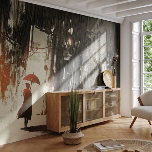 Papier Peint Photo Standard Eco - Femme avec un parapluie rouge dans une ville pluvieuse - 100x70cm - La poésie du parapluie rouge - Décoration murale moderne pour le salon et la chambre ARTTOR
