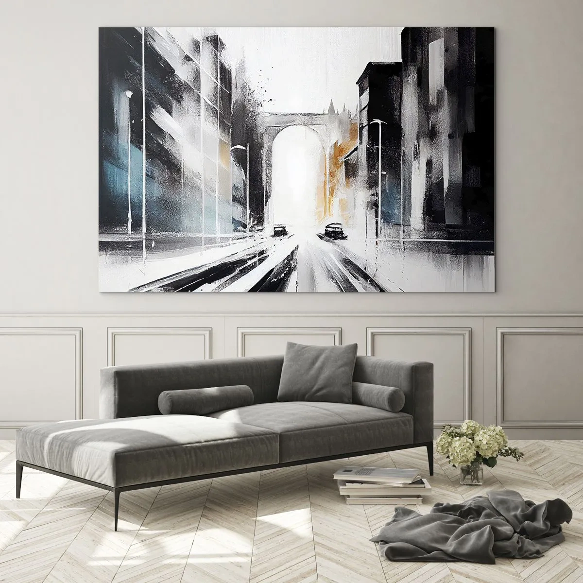 Impression sur verre - Image sur verre - Une rue de ville dynamique avec des voitures et une arche en arrière-plan dans un style pictural. - 120x80cm - Étude de ville : architecture et mouvement - Décoration murale moderne pour le salon et la chambre ARTT