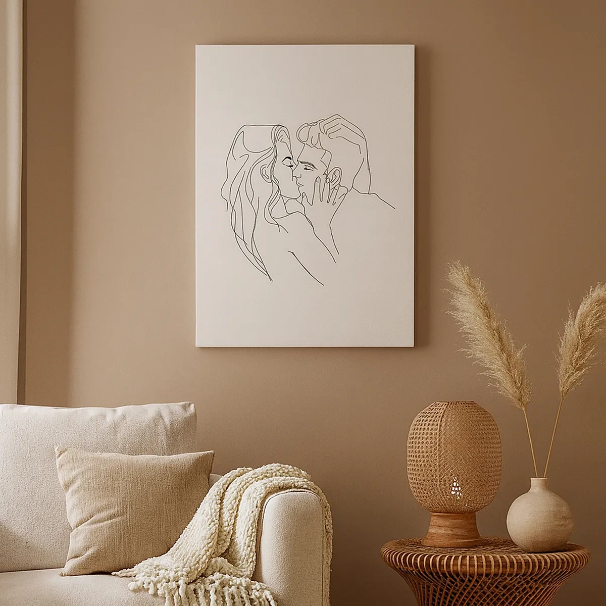 Impression sur toile - Image sur toile - Le contour d'un couple s'embrassant sur un fond clair - 50x70cm - La même ligne - Décoration murale moderne pour le salon et la chambre ARTTOR