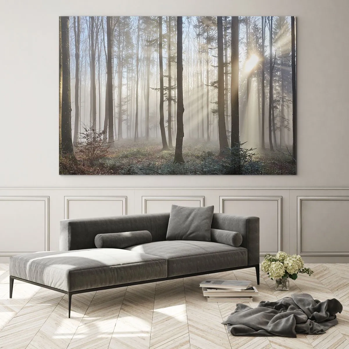 Impression sur verre - Image sur verre - Les rayons du soleil du matin pénètrent la forêt brumeuse - 120x80cm - Le brouillard s'est aussi réveillé - Décoration murale moderne pour le salon et la chambre ARTTOR