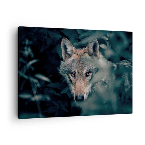 Impression sur toile - Image sur toile - Un loup dans son environnement naturel, regardant depuis les profondeurs de la forêt. - 70x50cm - Chasseur - Décoration murale moderne pour le salon et la chambre ARTTOR