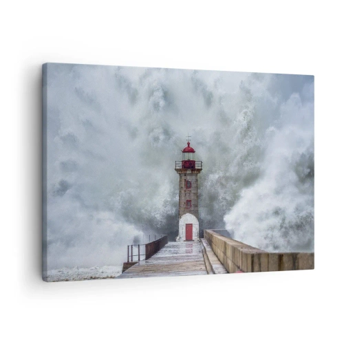Impression sur toile - Image sur toile - Un phare entouré de vagues agitées - 70x50cm - Le rugissement des eaux, le bruit soufflera - Décoration murale moderne pour le salon et la chambre ARTTOR