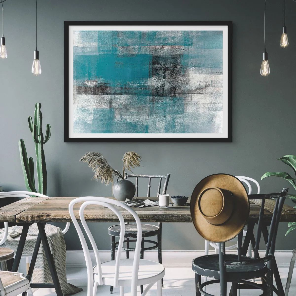 Affiche dans un cadre noir - Poster - Une composition abstraite dans des tons de bleu avec texture et couches. - 70x50cm - Eau et air - Décoration murale moderne pour le salon et la chambre ARTTOR