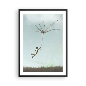 Affiche dans un cadre noir - Poster - Une silhouette flottant sur une tige de pissenlit contre le ciel - 50x70cm - Cerfs-volants, pissenlits, vent - Décoration murale moderne pour le salon et la chambre ARTTOR