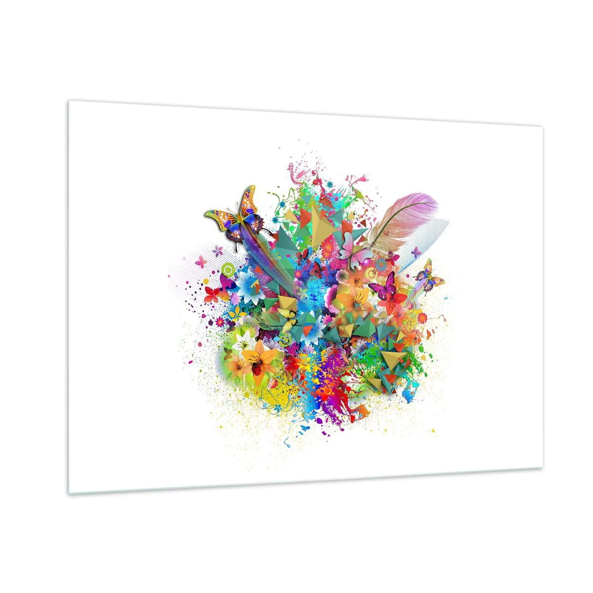 Impression sur verre - Image sur verre - Abstraction colorée avec des papillons, des fleurs et des plumes sur fond blanc - 100x70cm - Un bouquet de joie - Décoration murale moderne pour le salon et la chambre ARTTOR